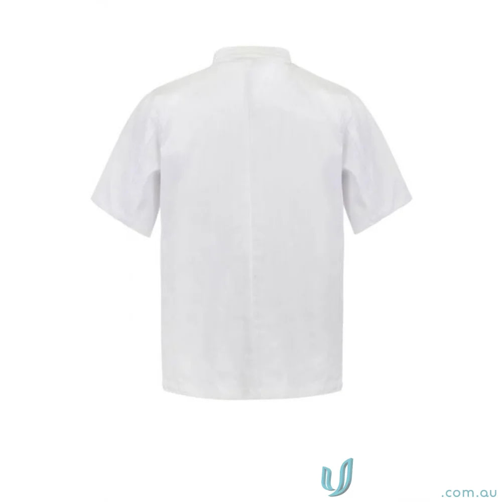 White short-sleeved chef’s coat with stud buttons for a professional look and stay cool