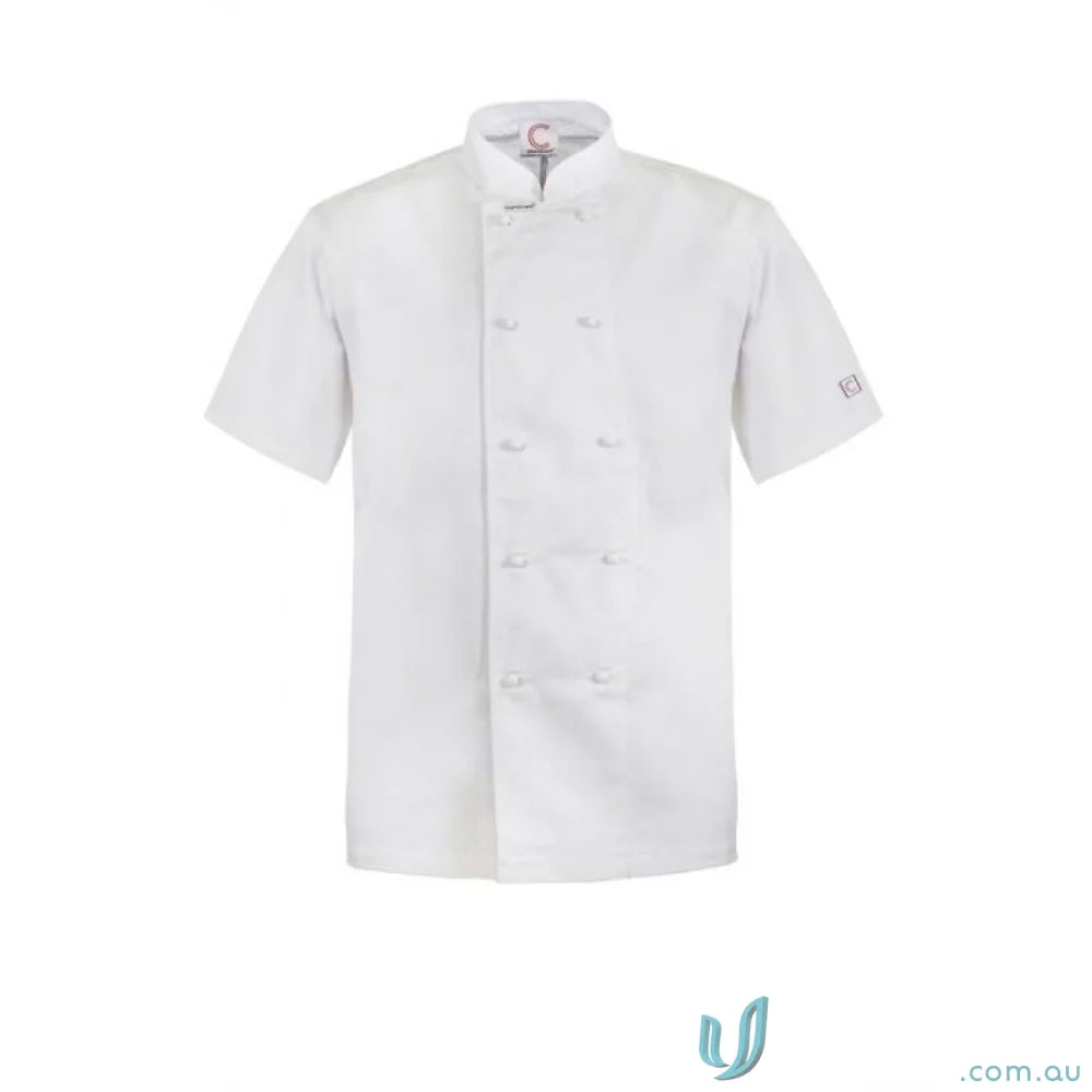 White short-sleeved chef’s coat with stud buttons for a professional look and staying cool