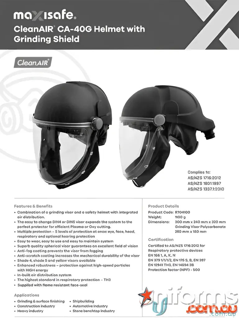 CleanAIR CA-40G grinding helmet with NZS safety visor for industrial protective gear