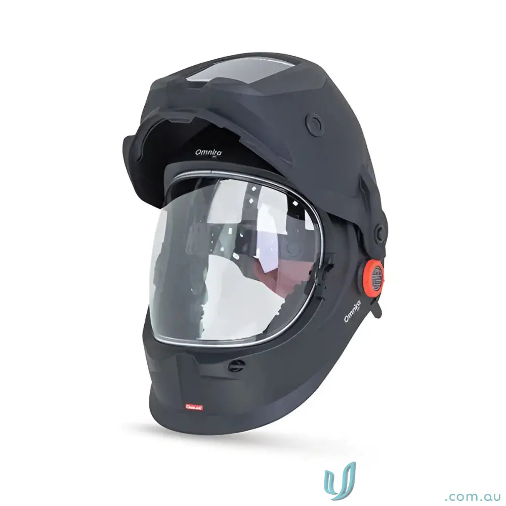 Black welding helmet with clear visor from CleanAIR Omnira COMBI for workwear and shade range