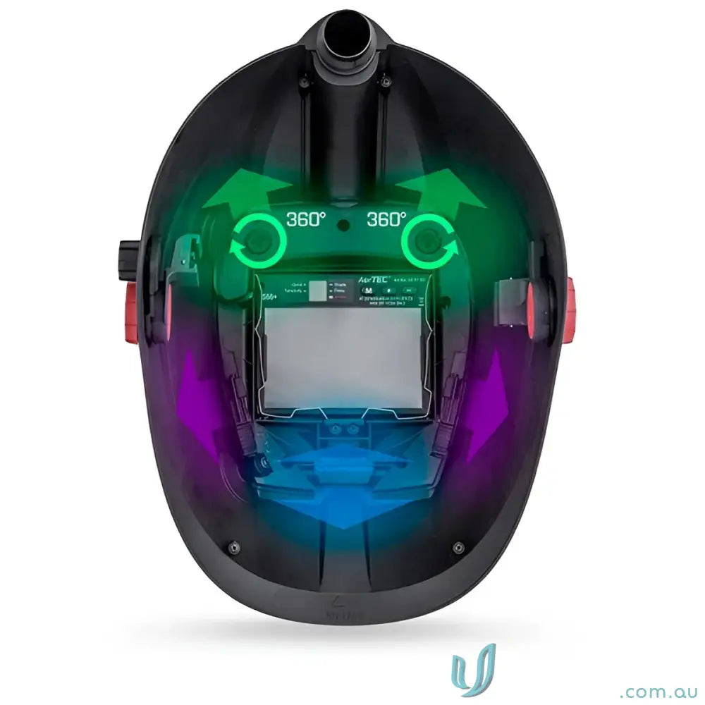 Black CleanAIR Verus Welding Helmet with ventilation indicators and adjustable shade range