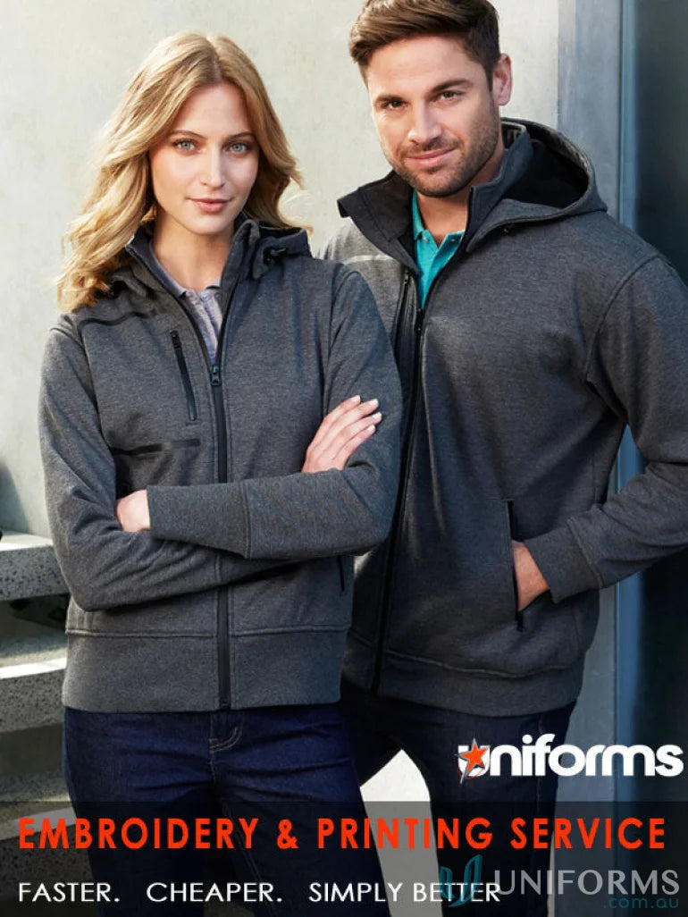 Two people wearing gray zip-up hoodies in Biz Collection Ladies Oslo Jacket for staying warm