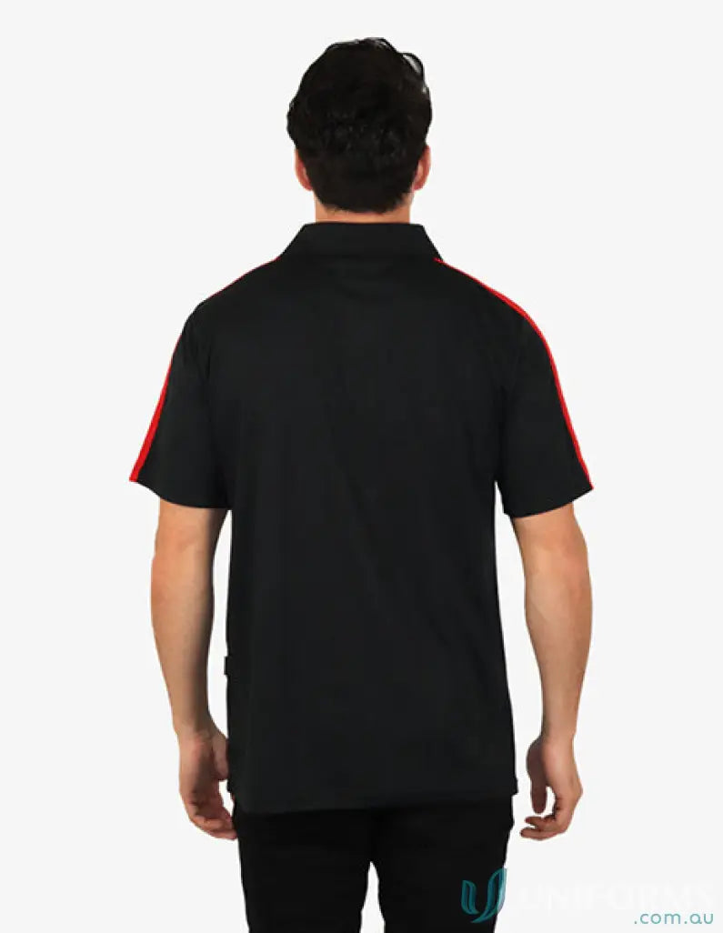 Chesty Polo black polo with red stripes featuring cooldry moisture management tech