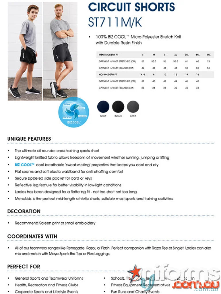 Men’s and kids’ circuit short st711m in navy, black, grey with silver trims and concealed zip pocket