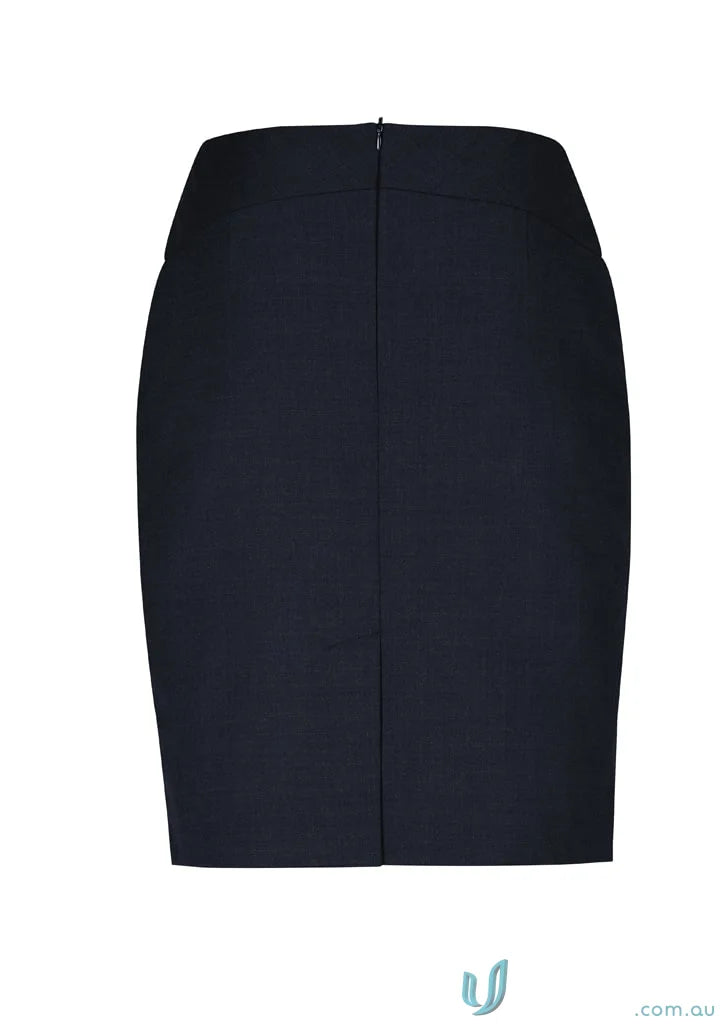 Dark navy women’s comfort wool stretch chevron band skirt with back zipper and slit