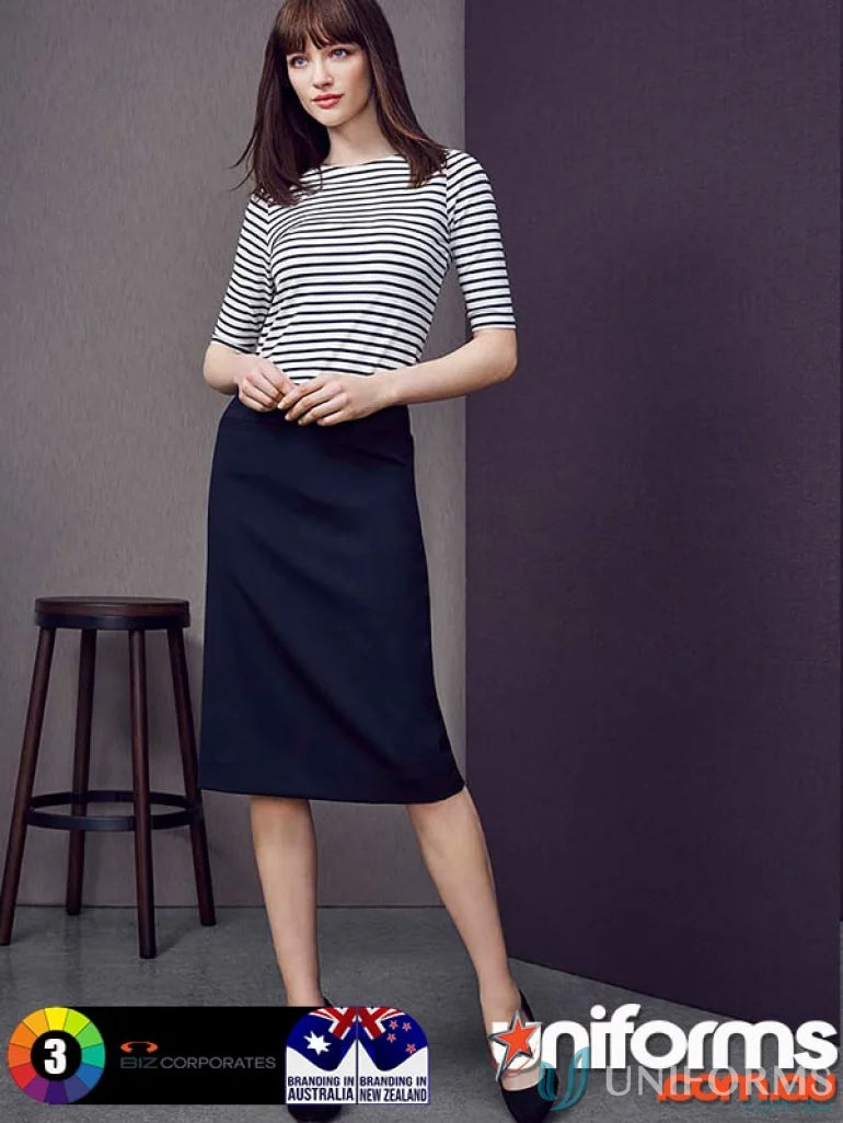 Woman in striped top and navy wool relaxed fit skirt from CLEARANCE Comfort Wool line