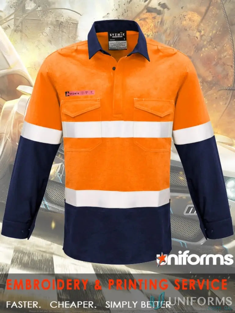 Orange and navy blue taped spliced shirt with stud closures from SYZMIC ZW133 Men’s Fire Armour