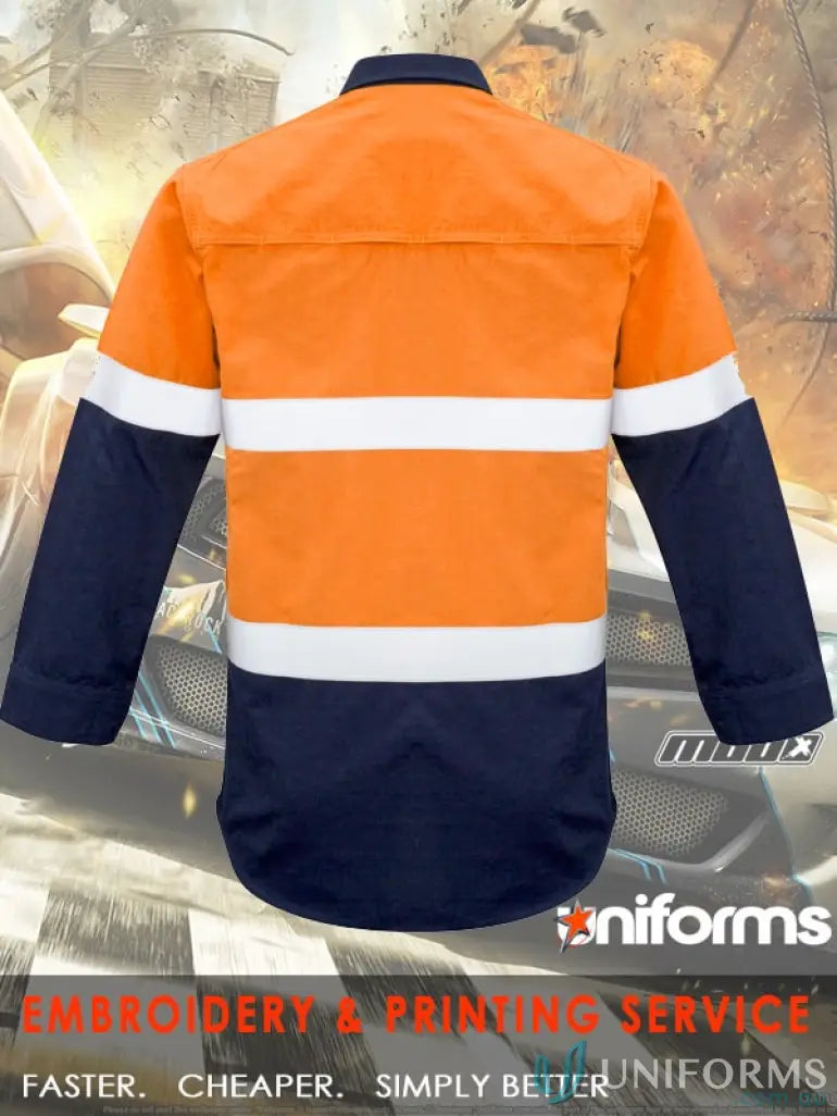 Orange and navy blue taped spliced shirt with stud closures from Syzmic ZW133 Men’s Fire Armour Clearance