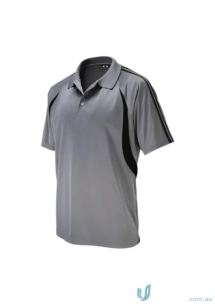 Gray polo shirt with black accents from men’s flash polo biz collection men’s