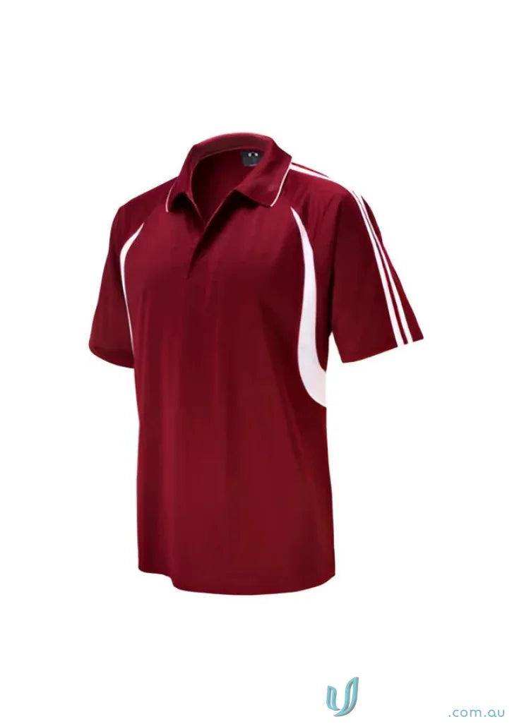 Maroon men’s flash polo shirt with white accents from Biz Collection Men’s collection
