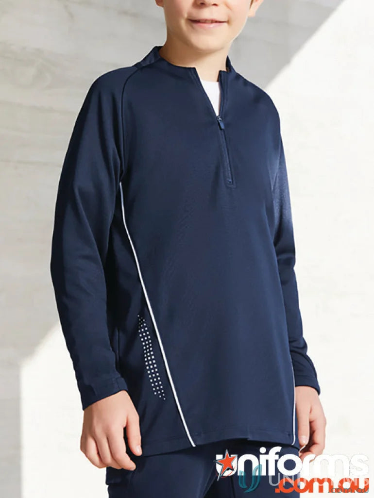 Kids balance collection navy blue long-sleeved athletic shirt with thumb loops and balance mid layer feel