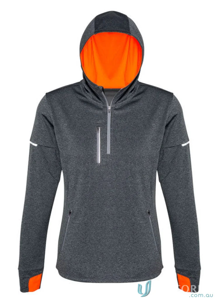 Gray hooded athletic jacket from the CLEARANCE Ladies Pace Hoodie with fluoro hood lining