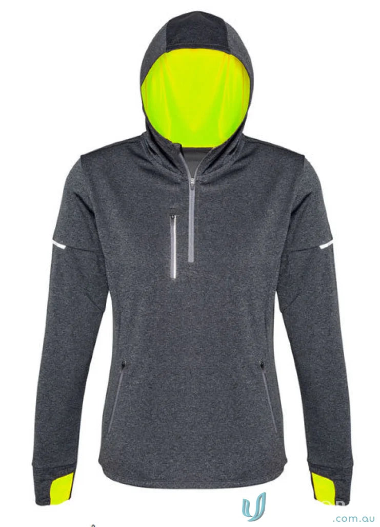 Gray ladies pace hoodie with neon yellow accents and fluoro hood lining from Biz Collection Ladies