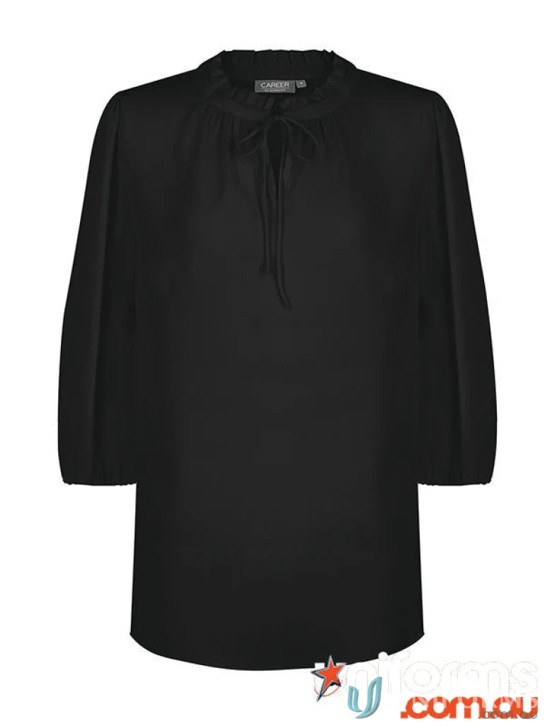 Black Piper 3Q Keyhole Top with ruffle collar and sleeve keyhole, machine washable