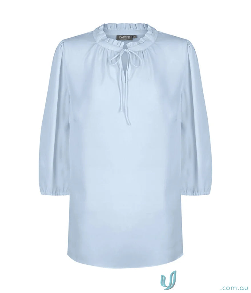 Light blue Piper 3Q Keyhole Top with ruffle collar and tie, machine washable blouse