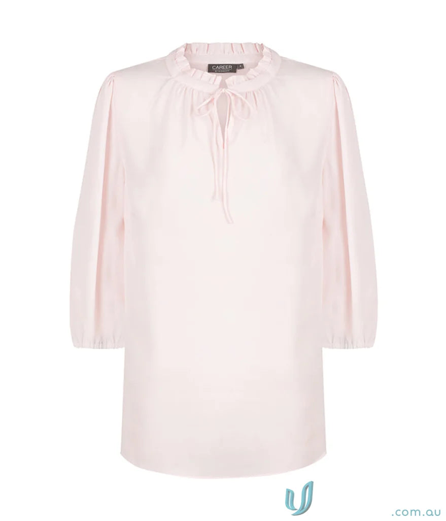 Piper 3Q Keyhole Top light pink blouse with ruffle collar and machine washable fabric