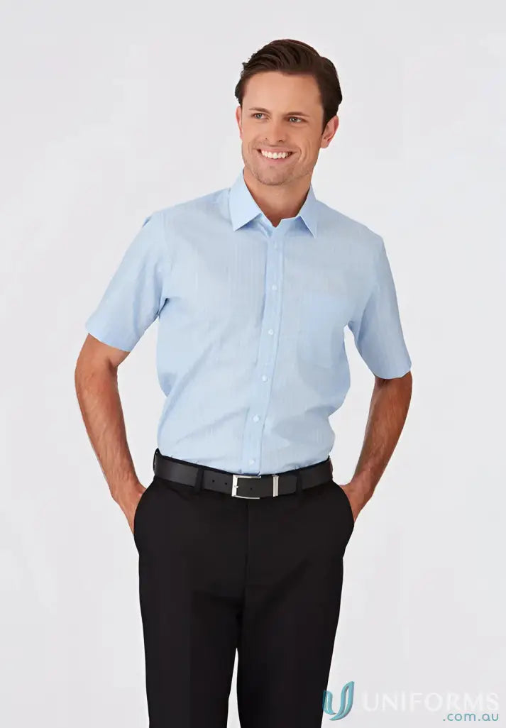 Man wearing light blue shadow stripe SS shirt from CLEARANCE workwear collection