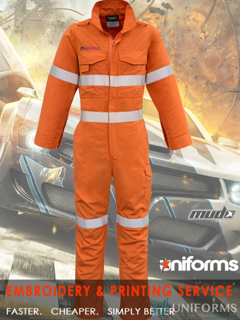 Orange reflective work jumpsuit from SYZMIC men’s hoop taped fire armour clearance