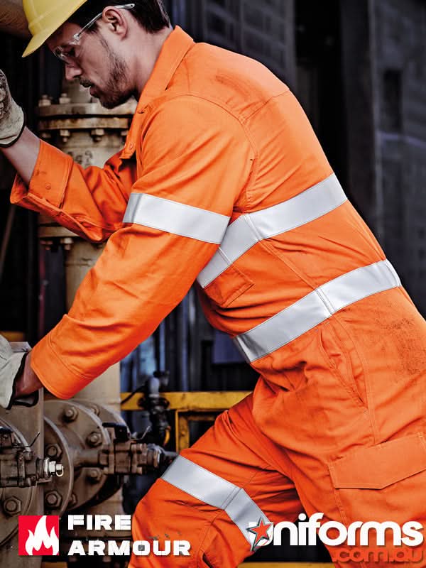 Orange reflective work jumpsuit from CLEARANCE Syzmic Fire Armour Hoop Taped Overall for men