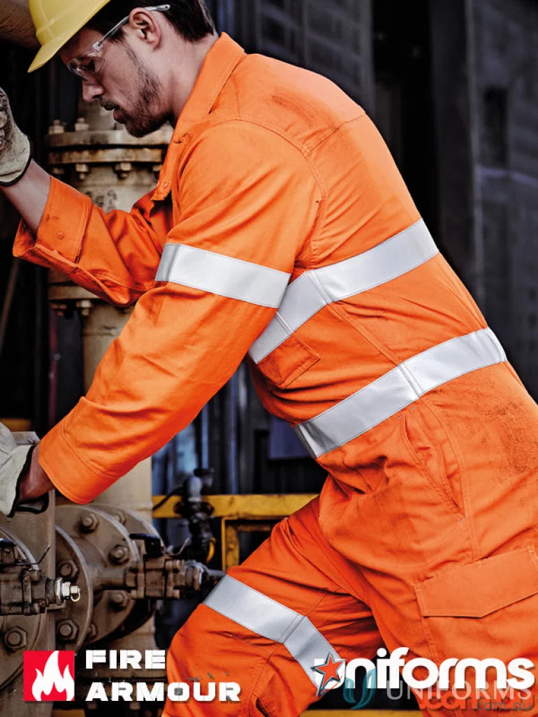 Orange reflective work jumpsuit from CLEARANCE Syzmic Fire Armour Hoop Taped Overall for men