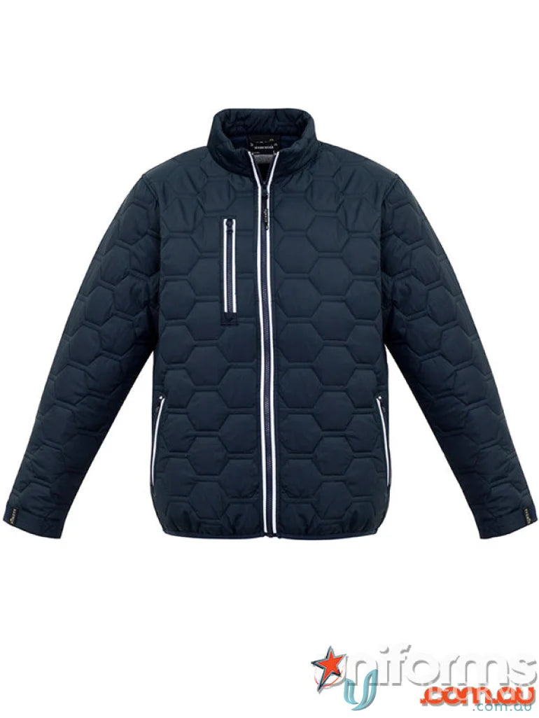 Navy quilted hexagonal puffer jacket with white trim and reflective zippers in the ZJ420 style