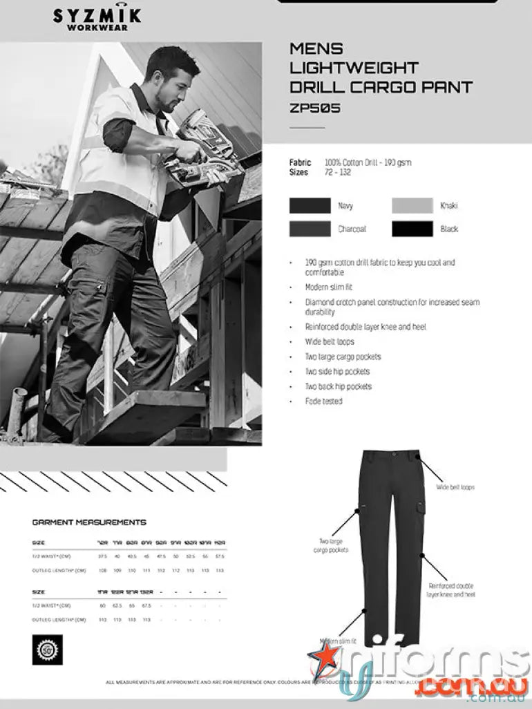 Syzmik men’s lightweight drill cargo pant for comfy, durable wear