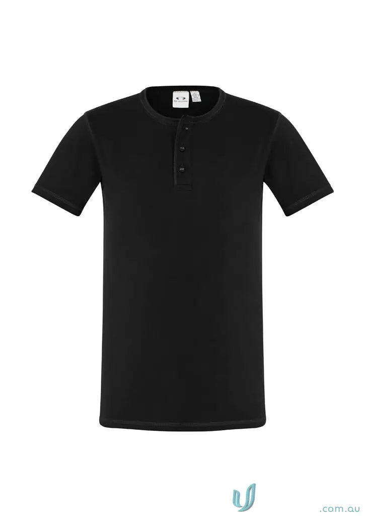 Black short-sleeved Henley shirt from t811m biz collection vintage tee in single jersey fabric