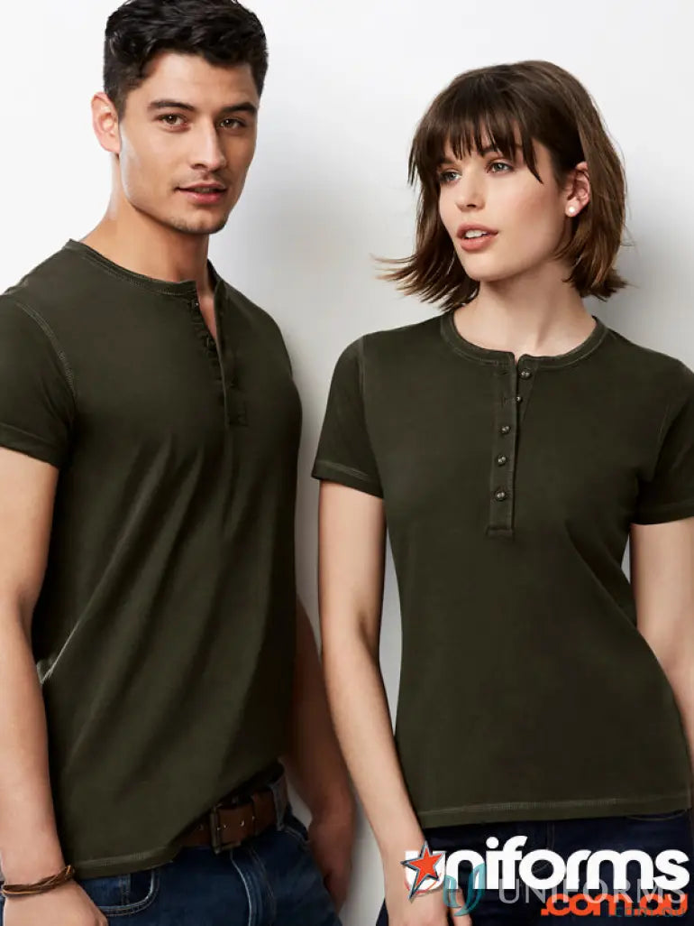 Matching olive green henley shirts from the T811M Biz Collection vintage tee line in single jersey fabric