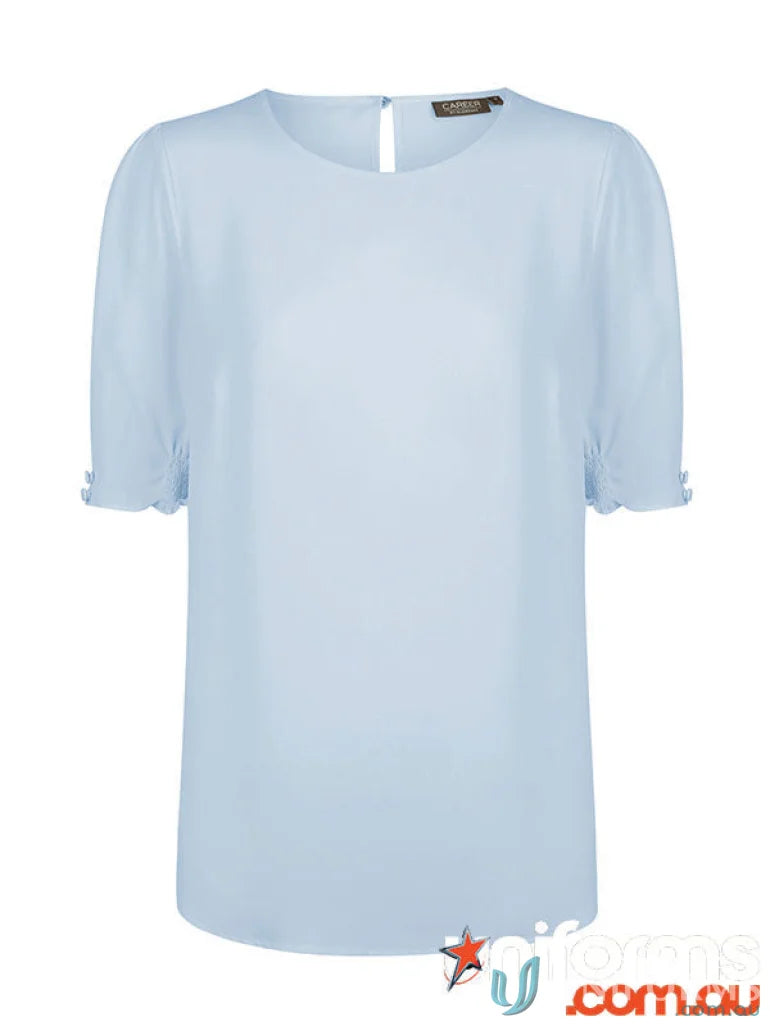 Light blue short-sleeved blouse with button cuff, perfect for workwear or uniforms