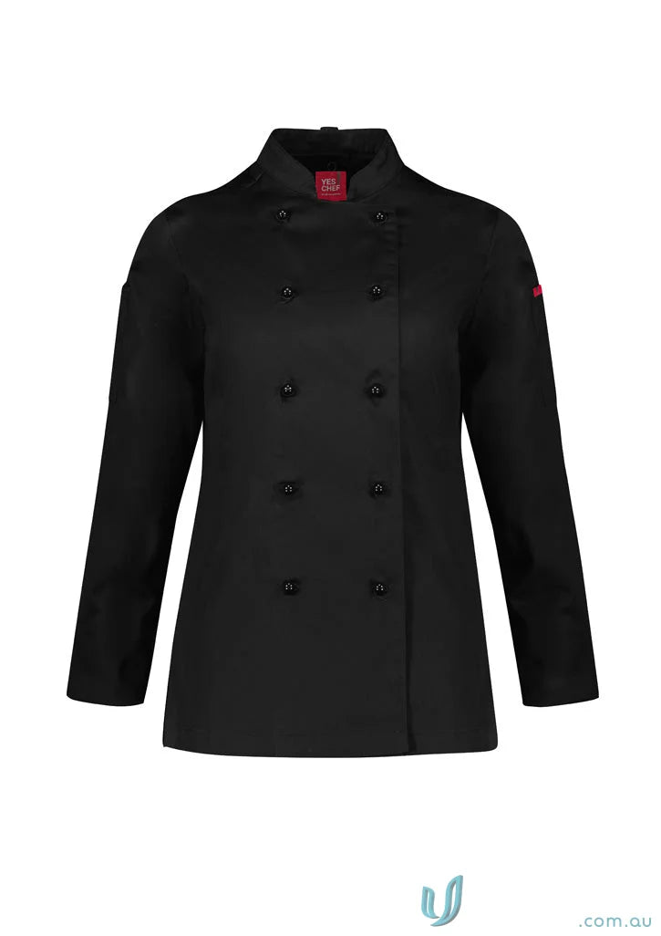 Black chef jacket from Yes Chef Al Dente Ladies LS collection showcasing style meets functionality