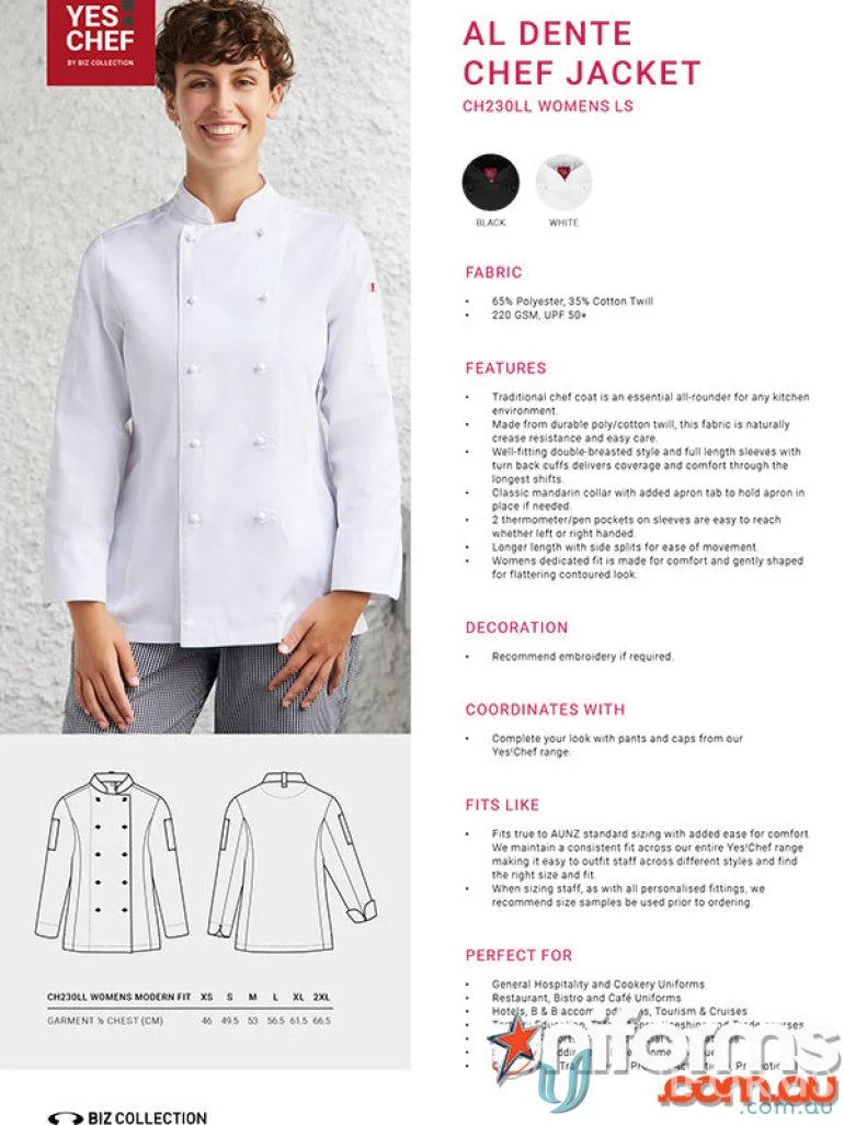 White women’s al dente chef jacket with long sleeves from Yes Chef! style meets functionality