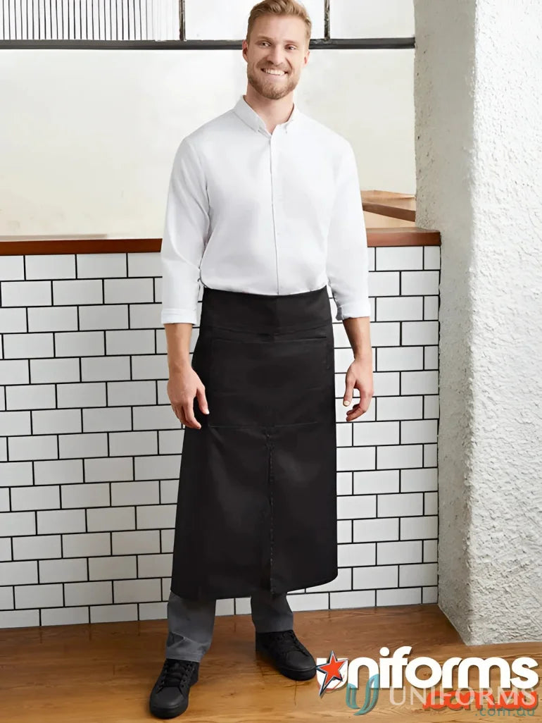 Black full-length continental apron ba93, fold-over waist apron, stride split apron look