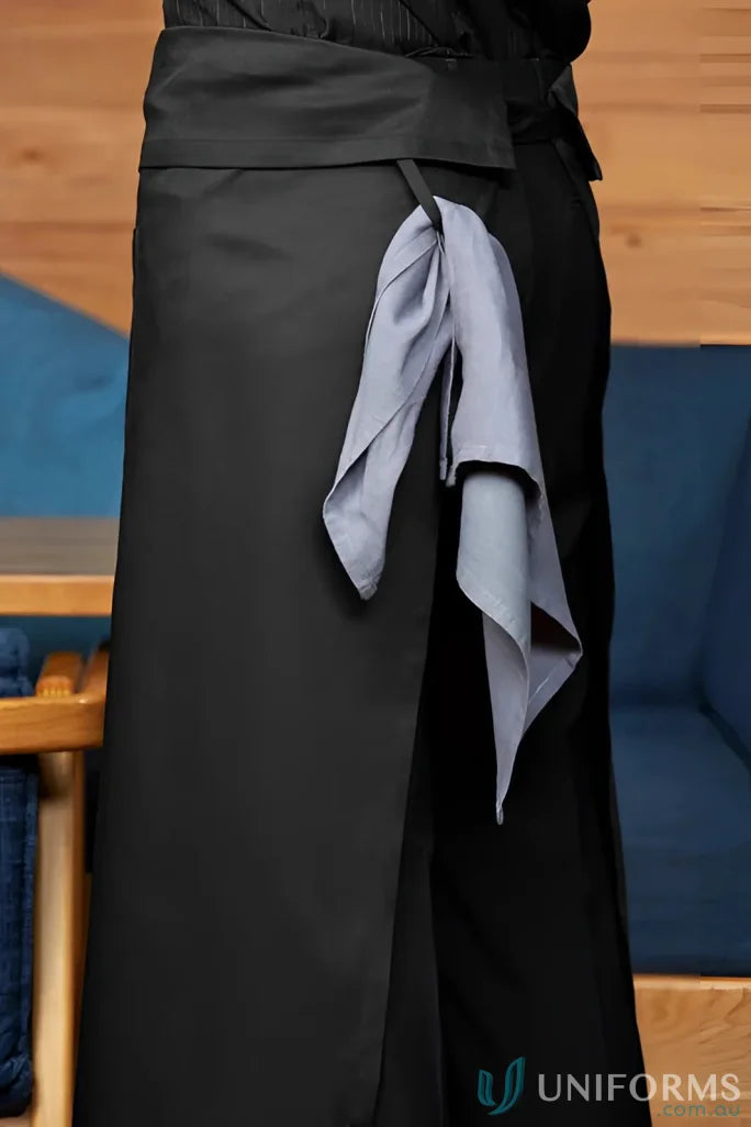 Black continental apron ba93 with gray towel, fold-over waist style, stride split apron