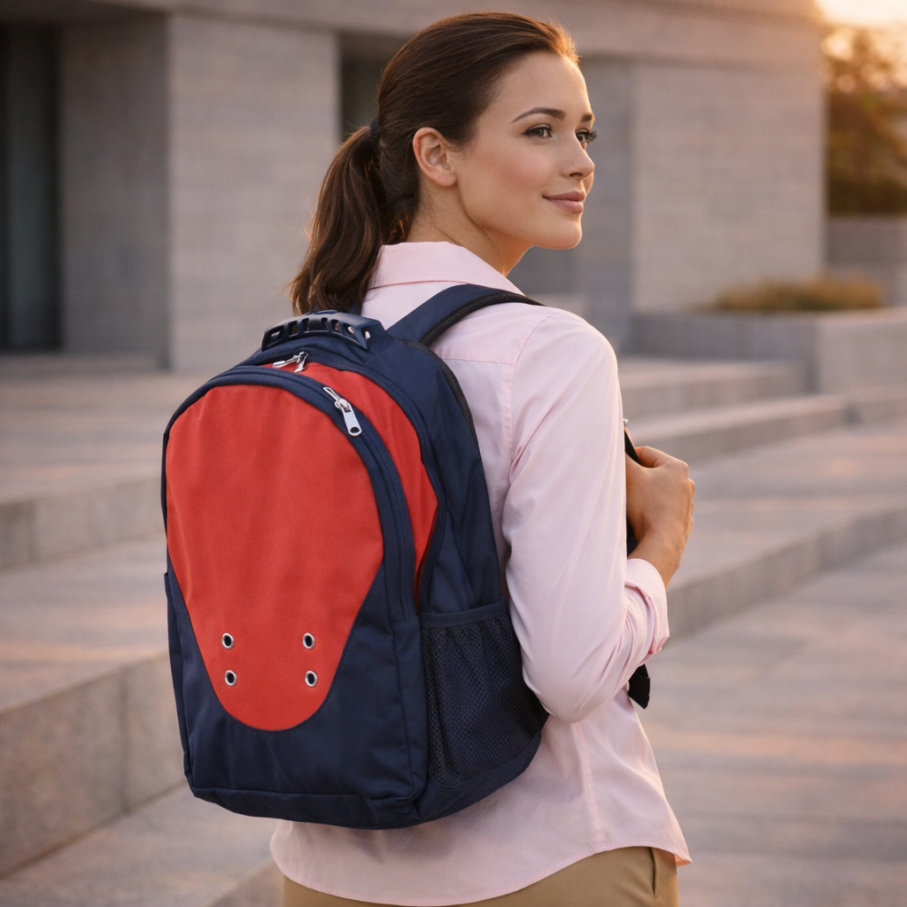 B5001 Climber Backpack in navy blue and red with large main compartment