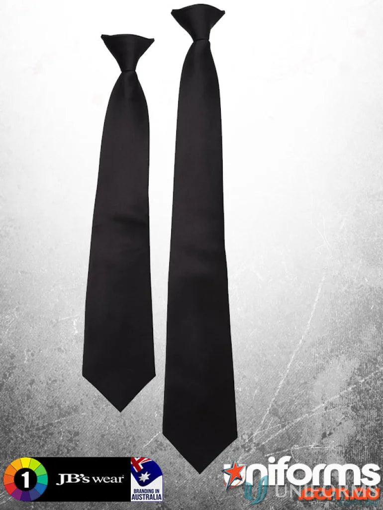Two black clip-on ties of different lengths from the Clip On Tie Pack for work uniforms