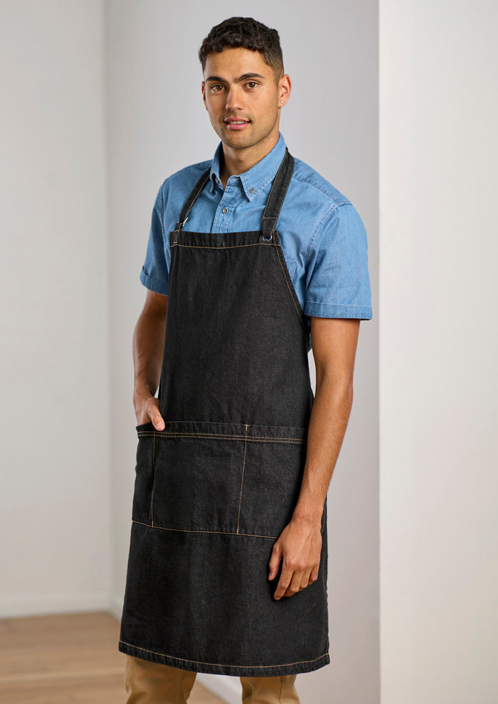Clout apron black denim with 2 front pockets and stitching