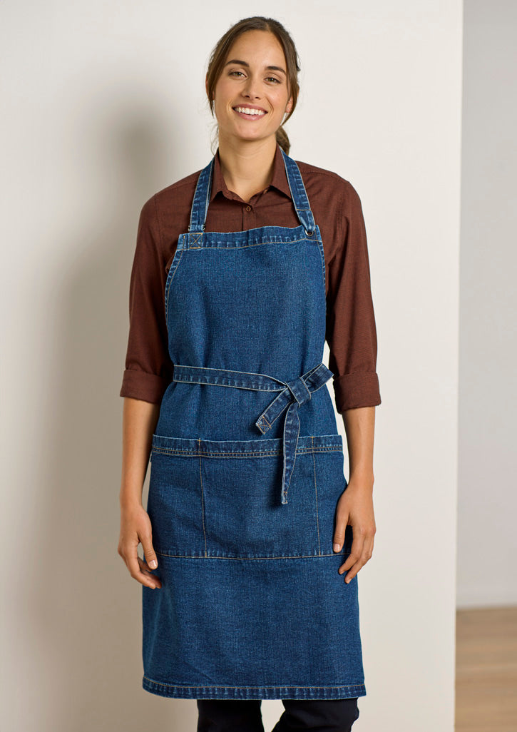 Clout apron: blue denim with adjustable tie belt and two front pockets