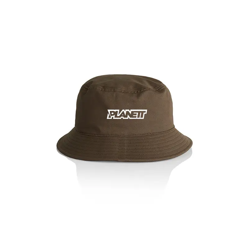 Olive green bucket hat with Planett logo, Coffee Bucket Hat product details