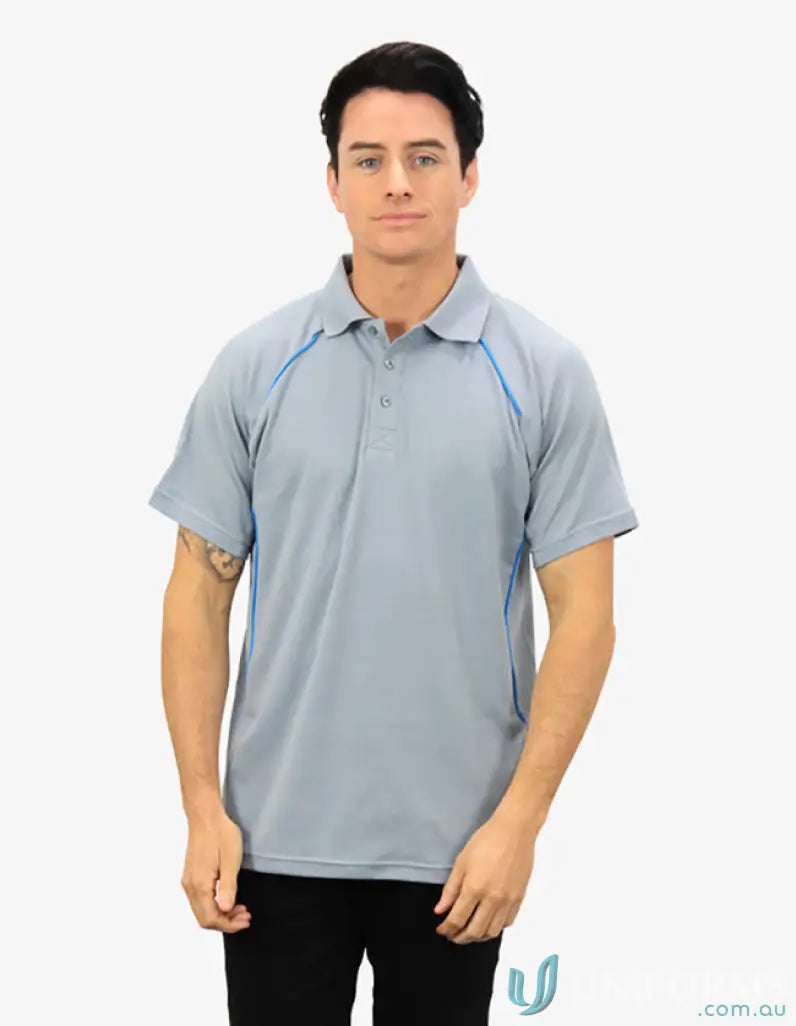 Gray polo shirt with blue contrasting piping, featuring CoolDry moisture management tech