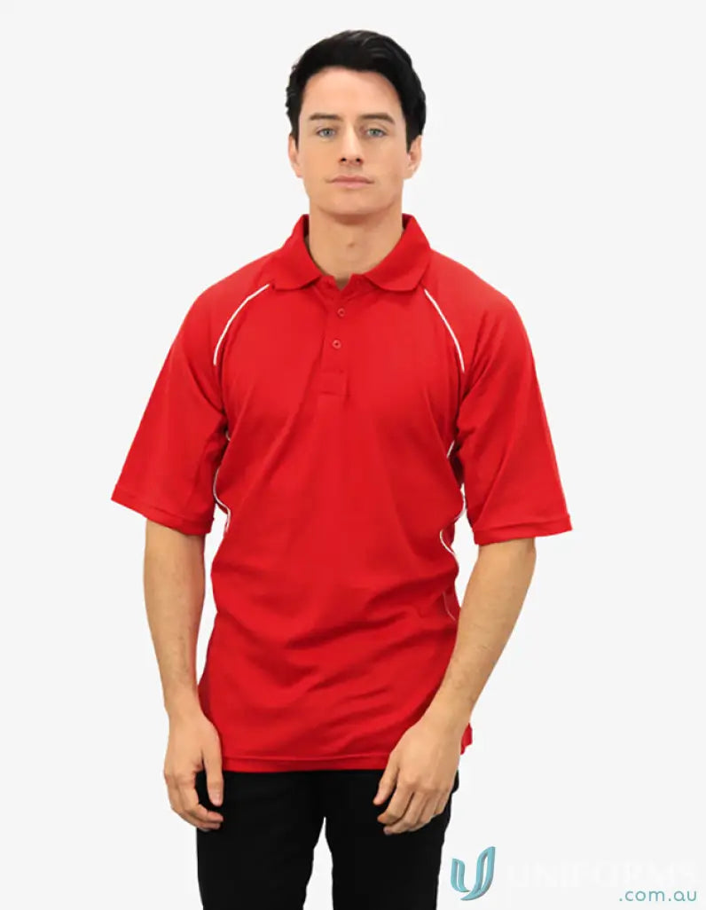 Red polo shirt with white contrasting piping color and cooldry moisture management technology