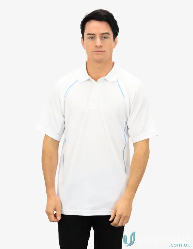 White polo shirt with blue contrasting piping, featuring cooldry moisture management technology