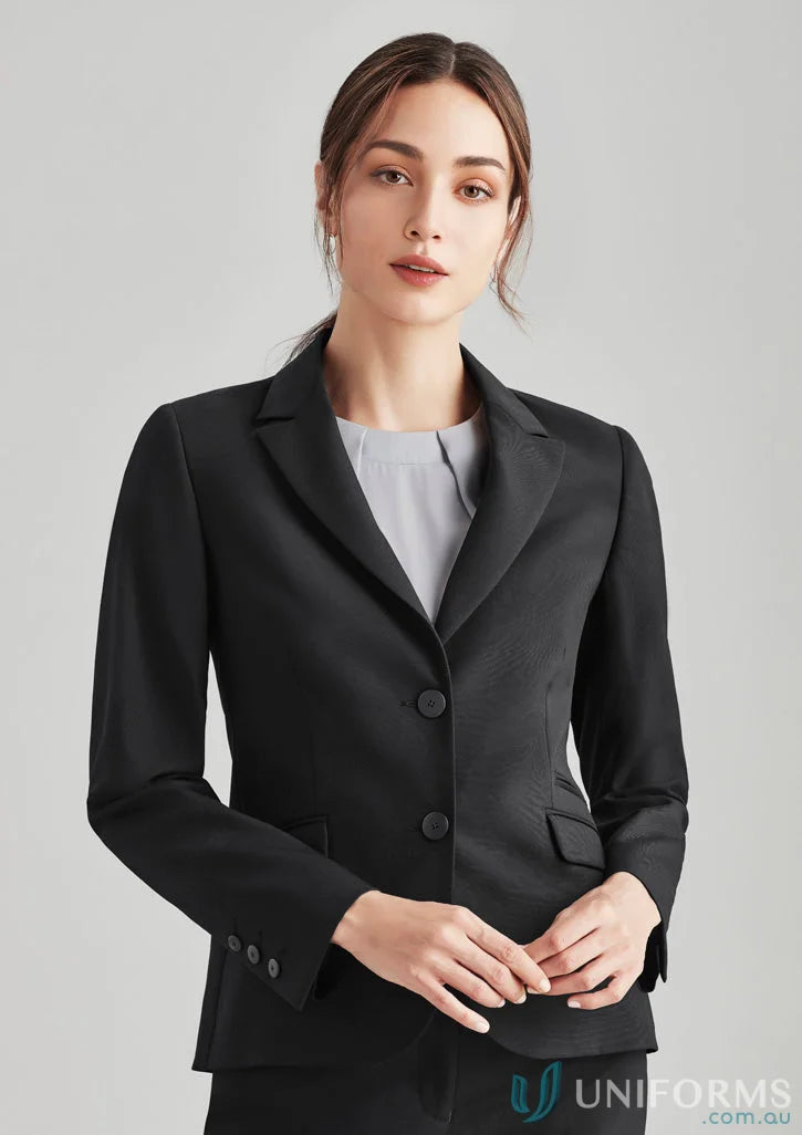 Black business suit featuring comfort wool stretch fabric and embroidery access zip