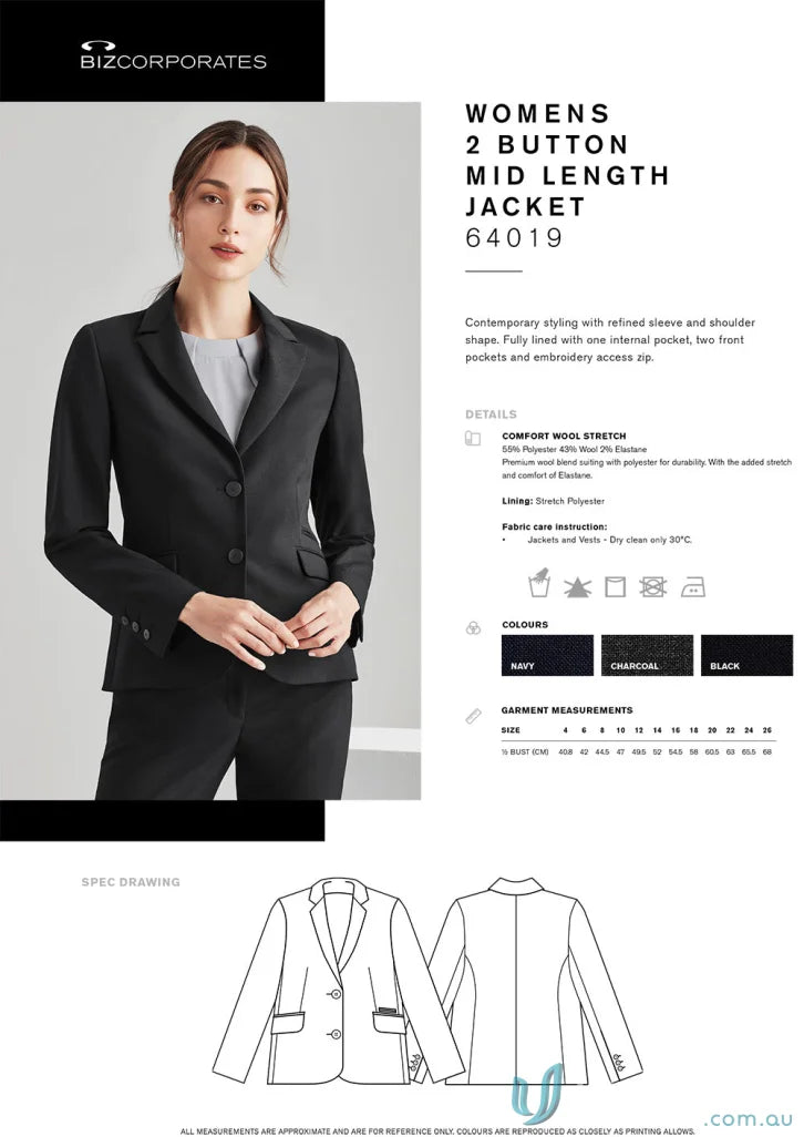 Women’s Comfort Wool 2 Button Mid Length Jacket with embroidery access zip and stretch for retail industries seeking style