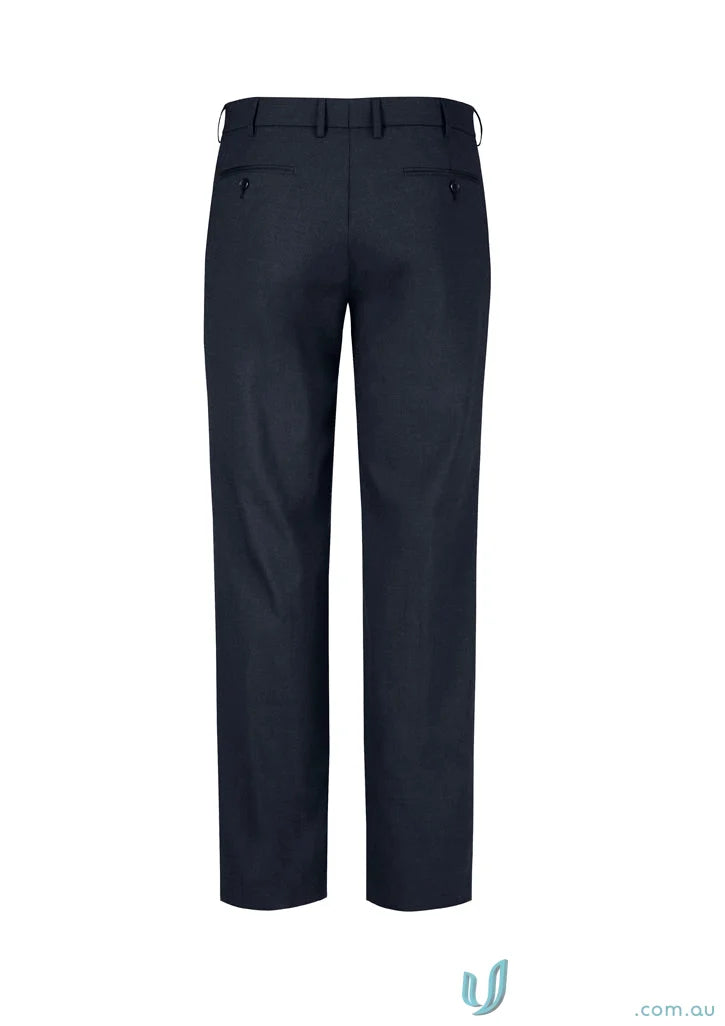 Dark blue comfort wool mens flat front pant with belt loops and back pockets