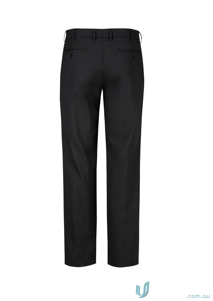Comfort wool mens black dress pants with flat front, straight leg, and internal security pocket