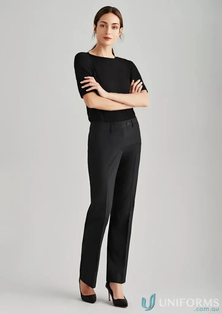 Woman in black comfort wool relaxed fit straight leg pants showcasing stylish comfort wool relaxed wear