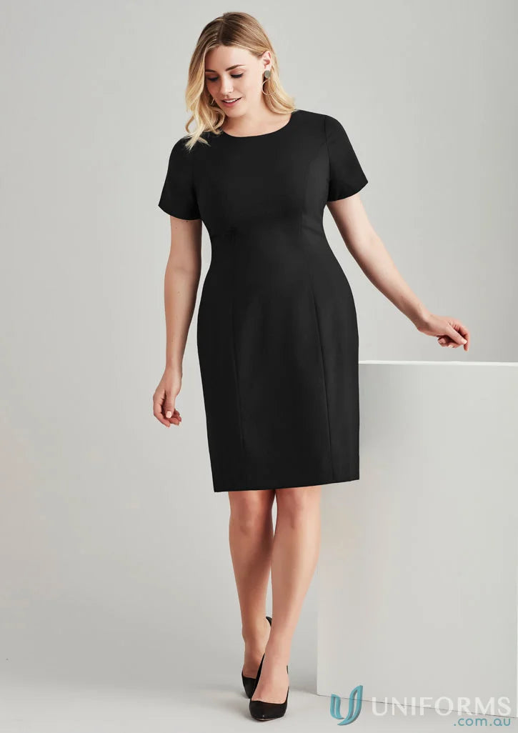 Black short-sleeved sheath dress in comfort wool shift classic dress design