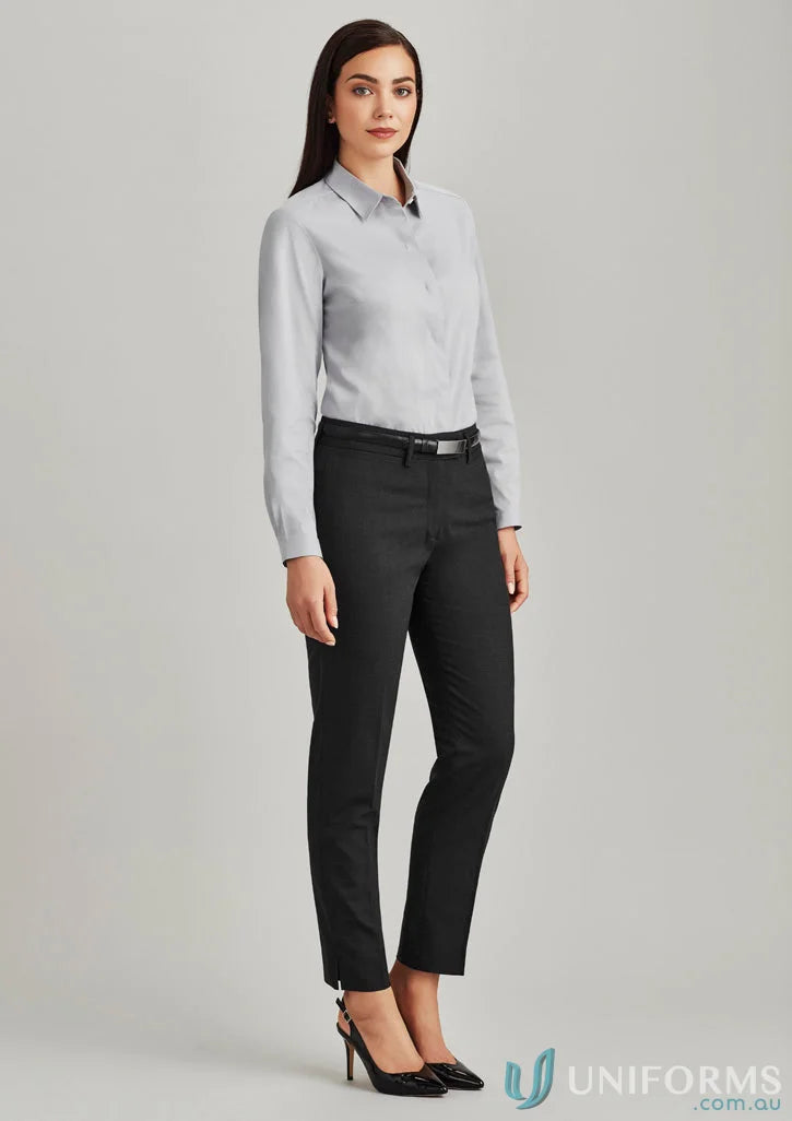 Woman wearing gray button-down shirt with Comfort Wool Stretch slim leg pant for a sleek look