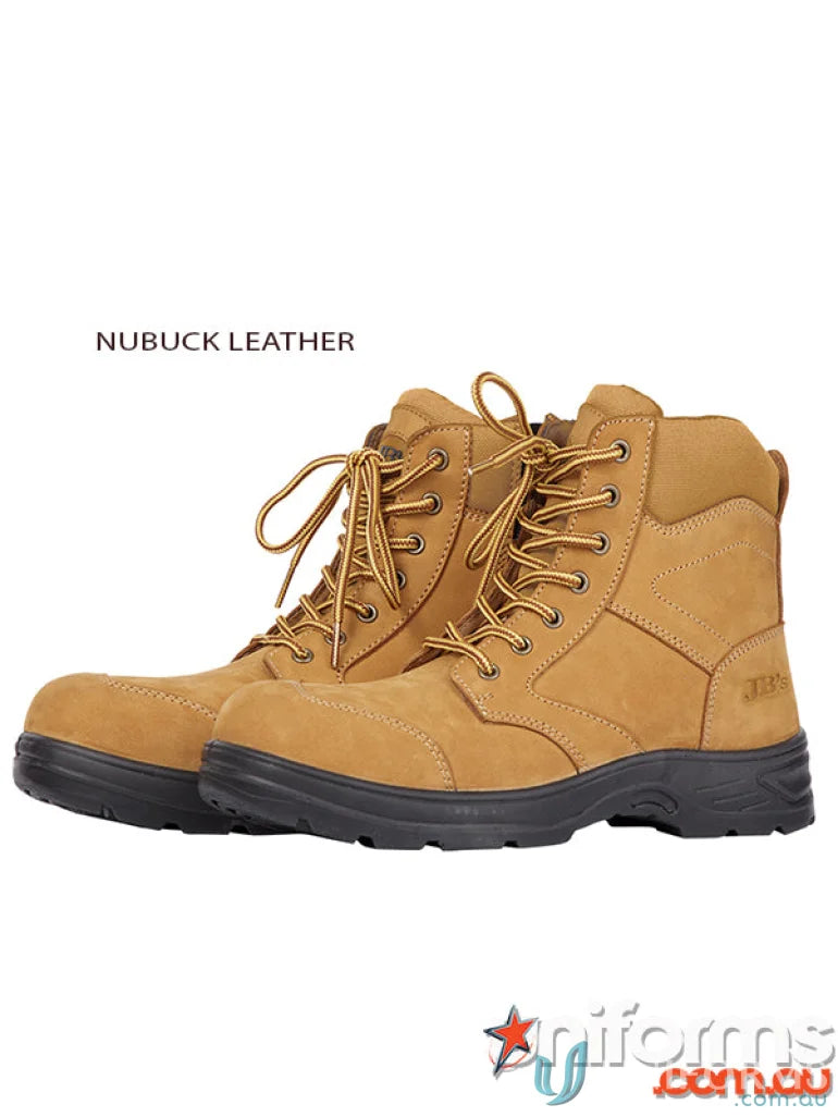 Tan nubuck leather work boots with composite toe and BSI BMP logos for uniforms