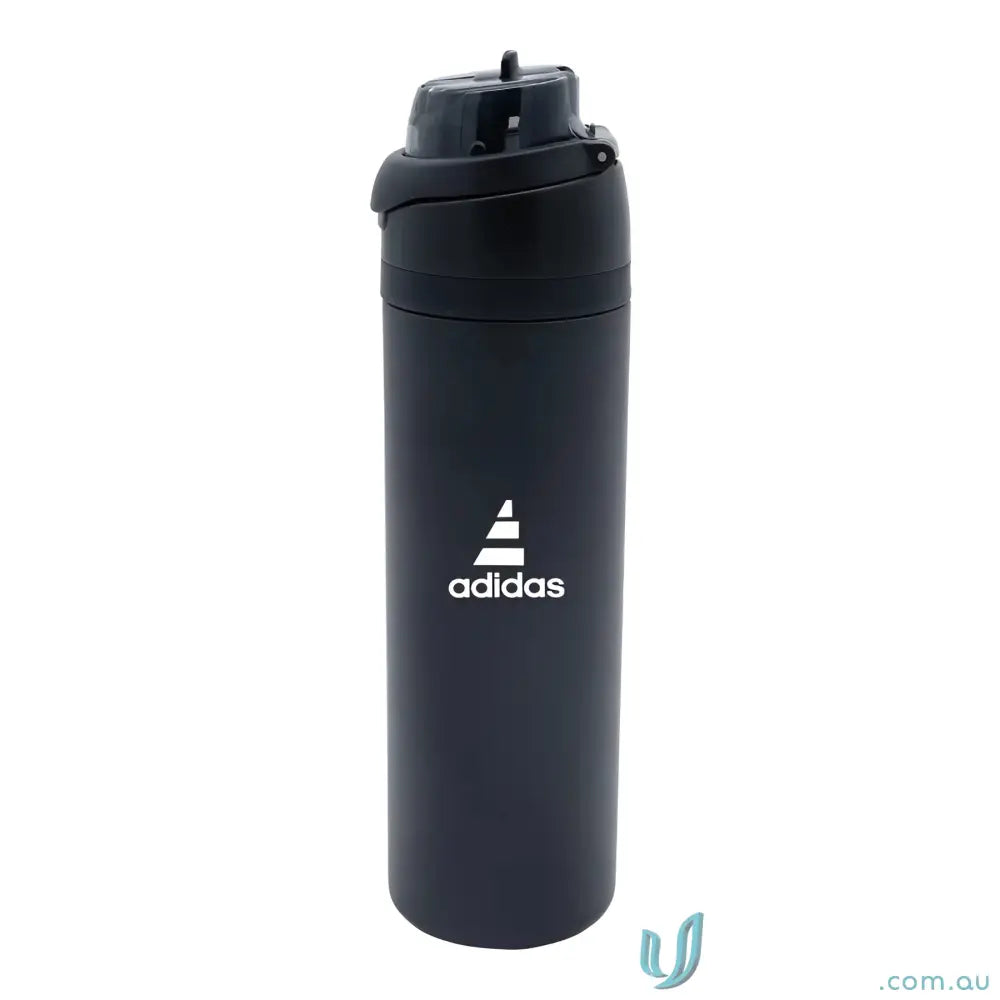 Black Adidas water bottle with powder coat and lift-up handle made of stainless steel
